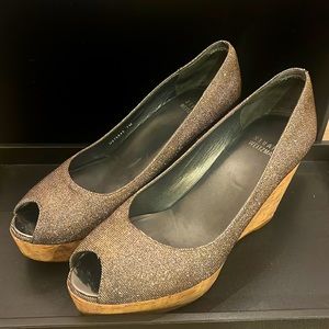 Stuart Weitzman, metallic silver peep-toe platform wedges